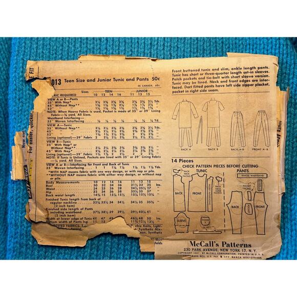 McCalls Pattern 6013 tunic jacket pants 1960s size 13 - Picture 2 of 5
